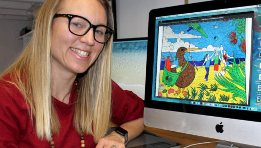 Zoe Sizemore with one of the coloured-in beach scenes from the RecycleKiwi online gallery.